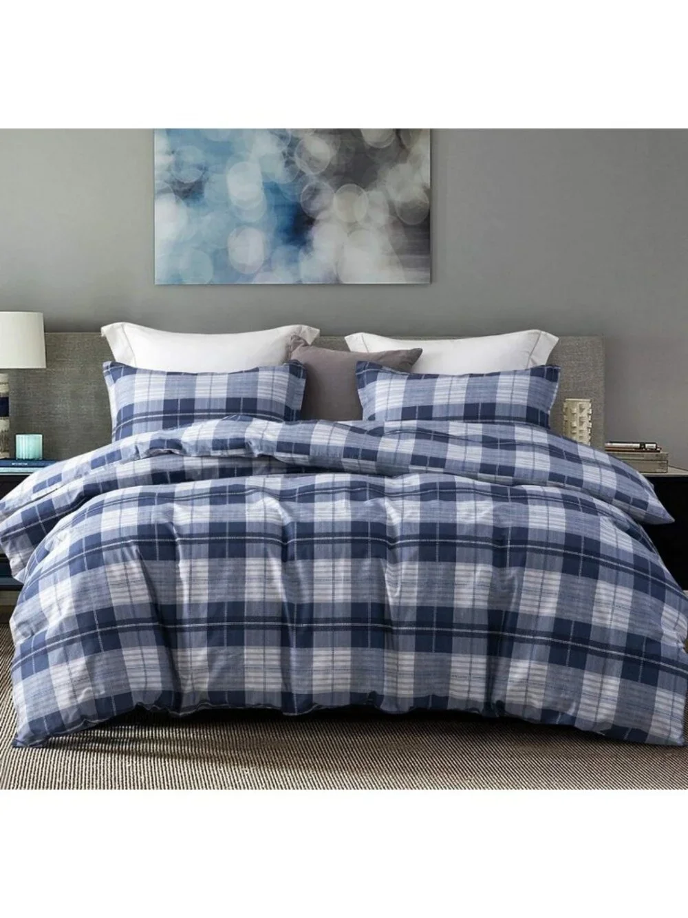 Cozy Queen Comforter Set, 600 Thread Count Cotton, Navy Blue & Grey Plaid, 3